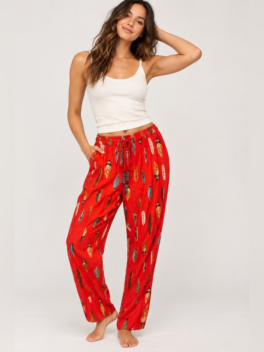 Farm Rio Embroidered Feather Linen Blend Pants